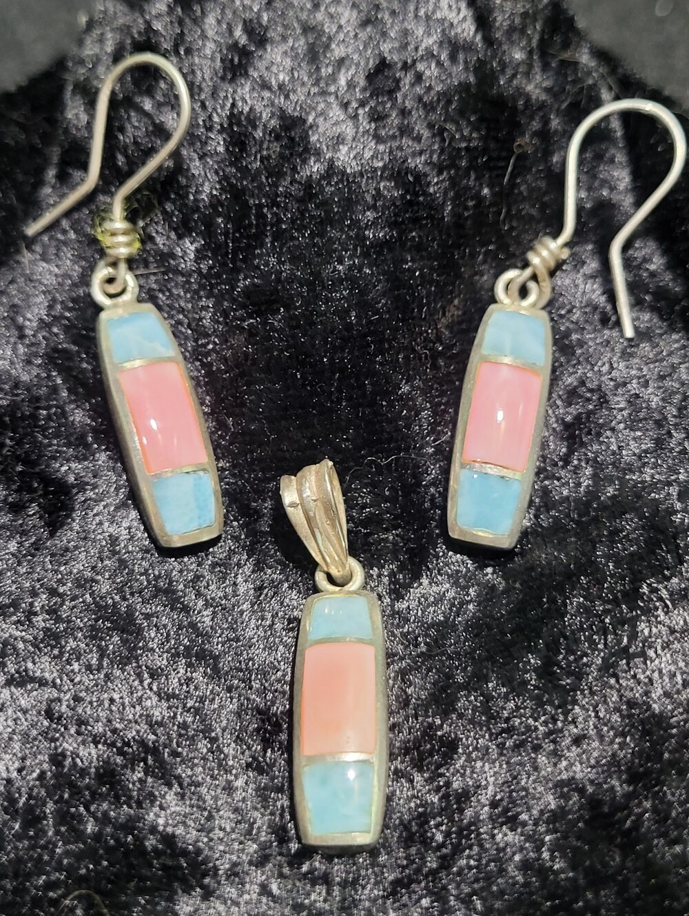 Sterling Silver Pink and Light Blue Enamel Pendant & Earrings Set